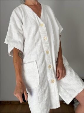 Vintage White Terry Cloth Swim Coverup with Buttons and Pockets
